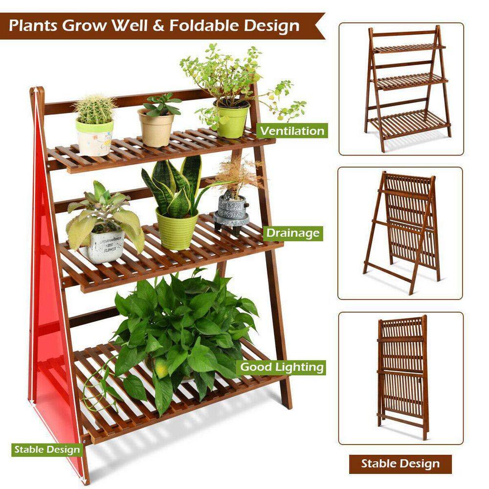Outdoor Wood 3-Tier Folding Plant Stand Shelf Flower Pot
