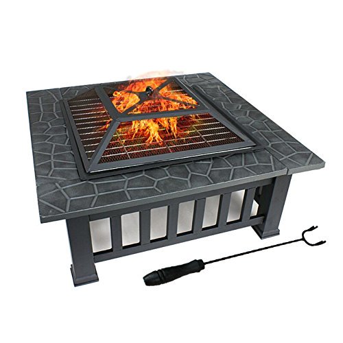 SUGIFT 32" Outdoor Fire Pit Square Metal Firepit Backyard Patio Garden Stove Wood Burning Fire Pit W/Rain Cover, Black