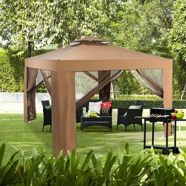 SUGIFT 10x10 Ft Outdoor Gazebo Patio Tents Garden Canopy Shelter W/ Netting, Brown