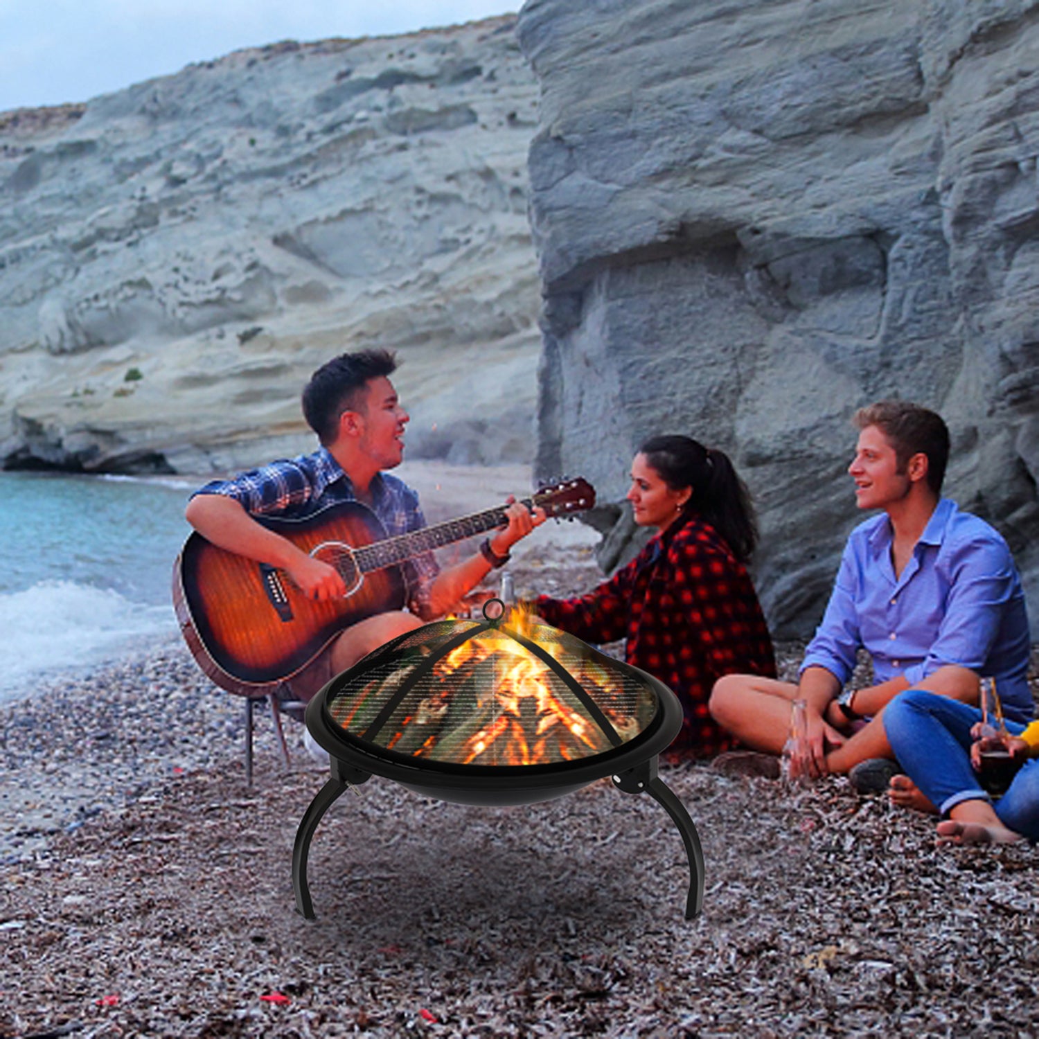 SUGIFT 21-inch Charcoal Grill, Grillable Fire Pit with Carbon Mesh, Black