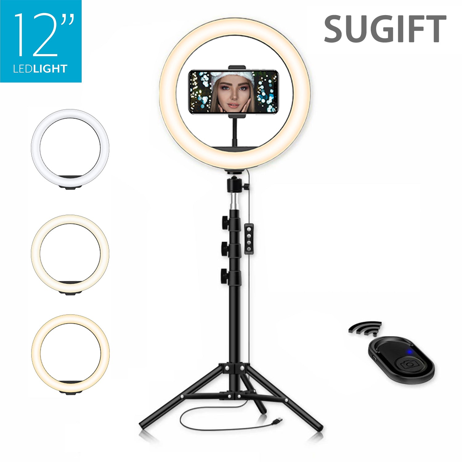 SUGIFT Studio Light USB Power Ball-Head Mount Adjustable Tripod 3 Colors 10 Brightness Levels In-Line Remote