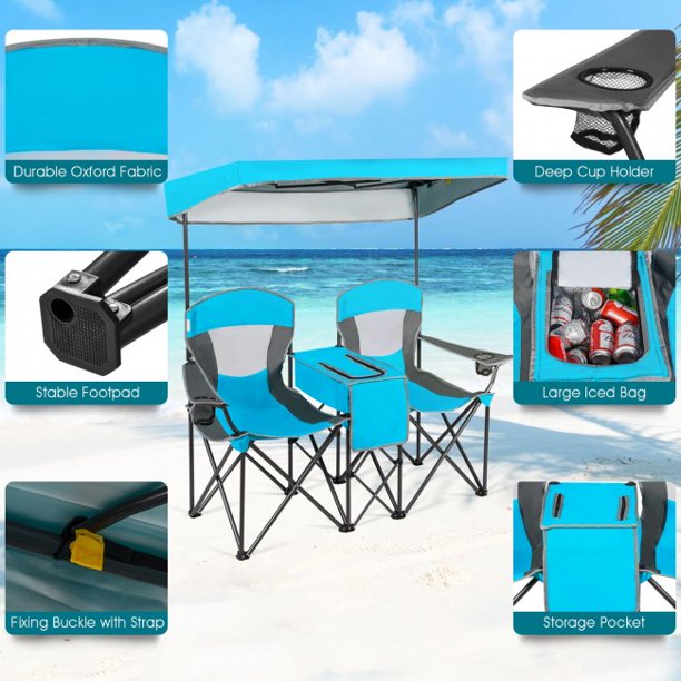 Portable Folding Camping Canopy Chairs 2 Seat Chair with Cup Holder and Tent