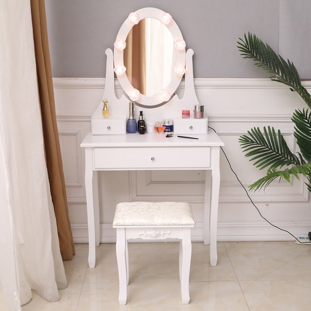 3-Drawer Dressing Table with Mirror Lights, Vanity Table with Upholstered Stool for Bathroom Bedroom, White