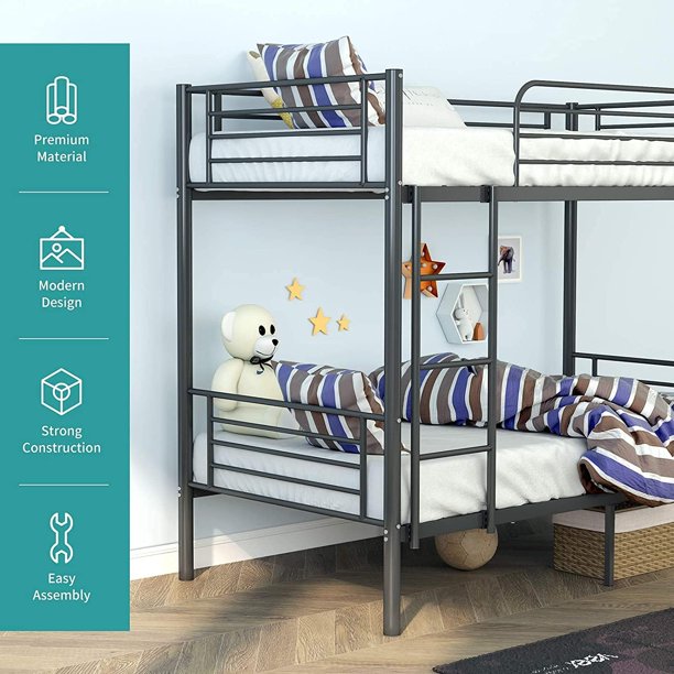 SUGIFT Metal Bunk Bed Twin Over Twin, Heavy Duty Bed Frames with Safety Guard Rails, Metal Slats for Kids, Teens, Adults, No Box Spring Needed Black