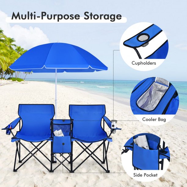 Portable Folding Double Chair With Umbrella Picnic Fishing Camping Beach