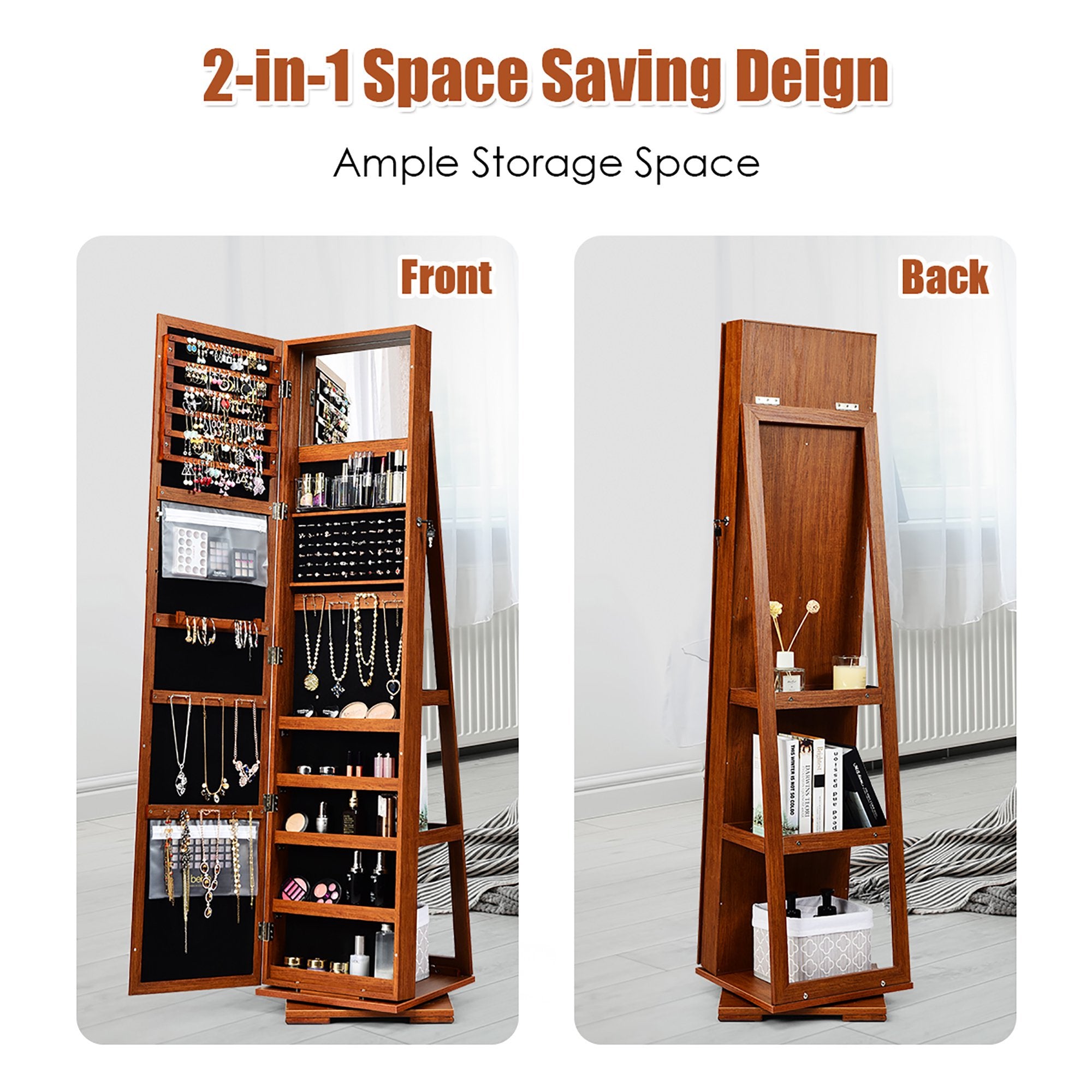 SUGIFT Jewelry Cabinet Wardrobe 360 Degree Rotatable Lockable Mirrored Organizer Brown