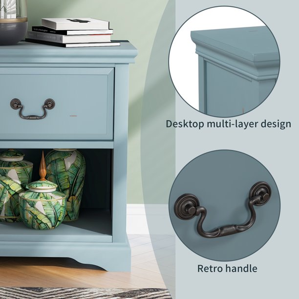 SUGIFT End Table Side Desk With 1 Drawer, Solid Wood, Traditional Design Blue