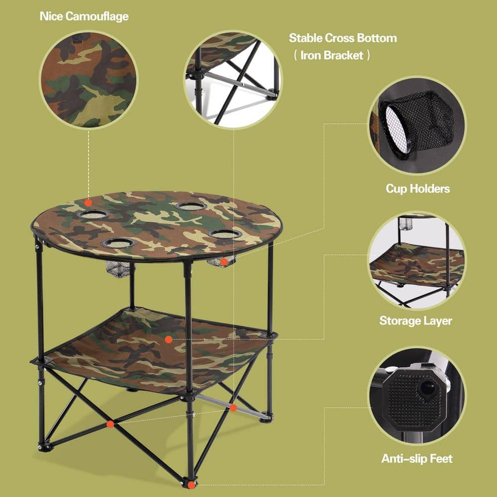 Camouflage Foldable Camping Table with 4-Cup Holders