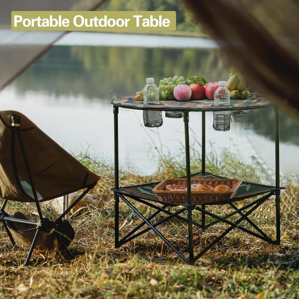 Camouflage Foldable Camping Table with 4-Cup Holders