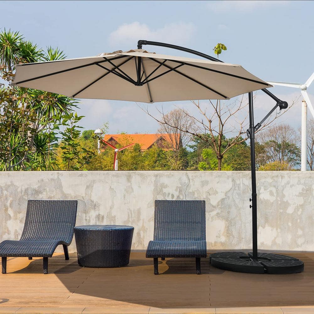 10 ft. Adjustable Tilt Cantilever Aluminum Solar Patio Umbrella Cross Base in Beige