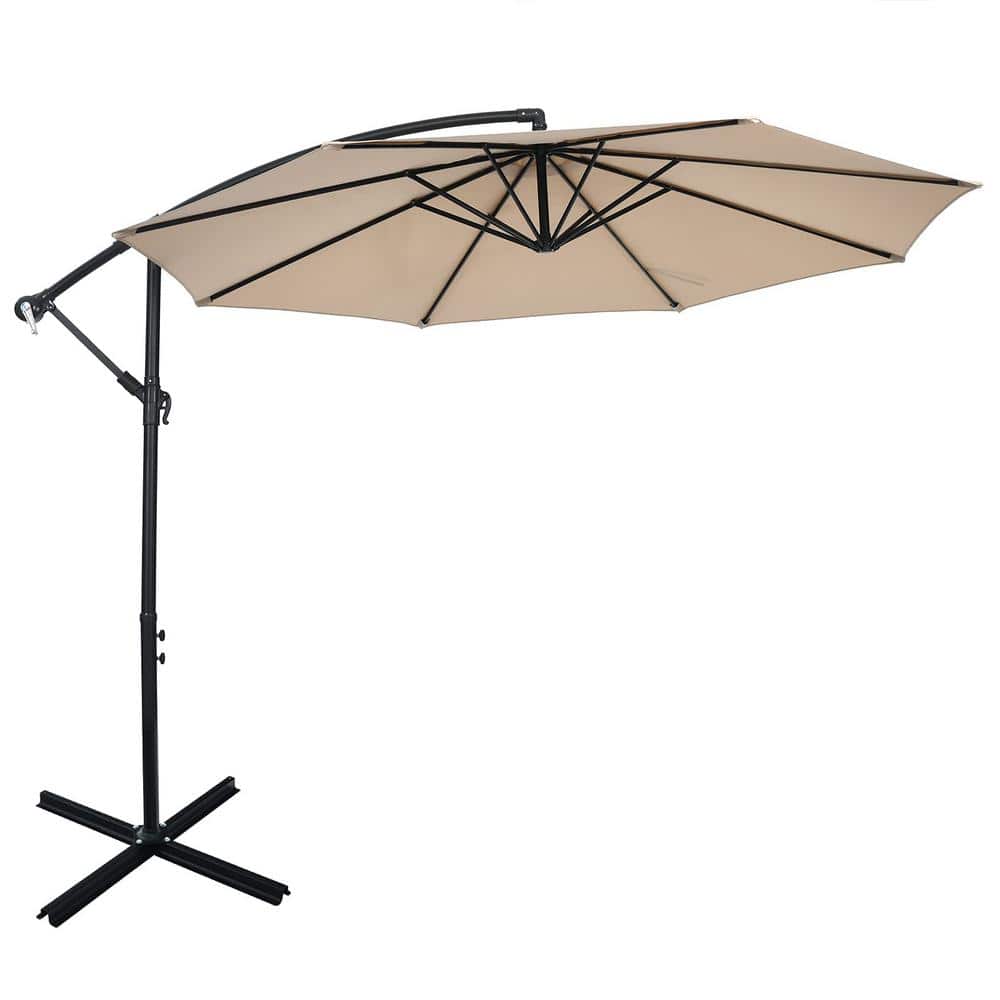10 ft. Adjustable Tilt Cantilever Aluminum Solar Patio Umbrella Cross Base in Beige