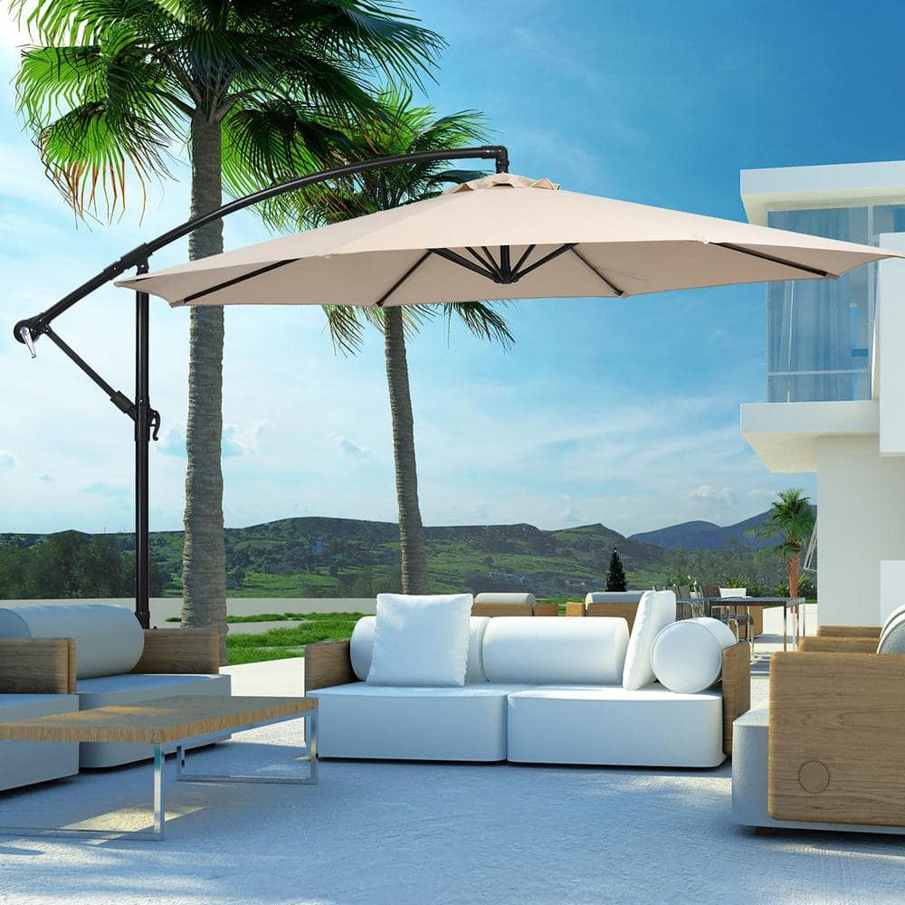 10 ft. Adjustable Tilt Cantilever Aluminum Solar Patio Umbrella Cross Base in Beige