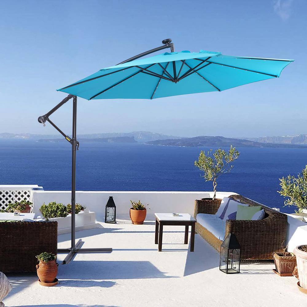 10 ft. Metal Pole Cantilever Solar Patio Umbrella with 32 LED Lights in Blue