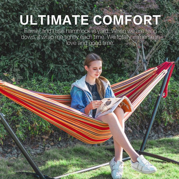 2-Person Hammock with Space Saving Steel Stand Garden Yard Outdoor 450lb Capacity Double Hammocks and Portable Carrying Bag (Red)