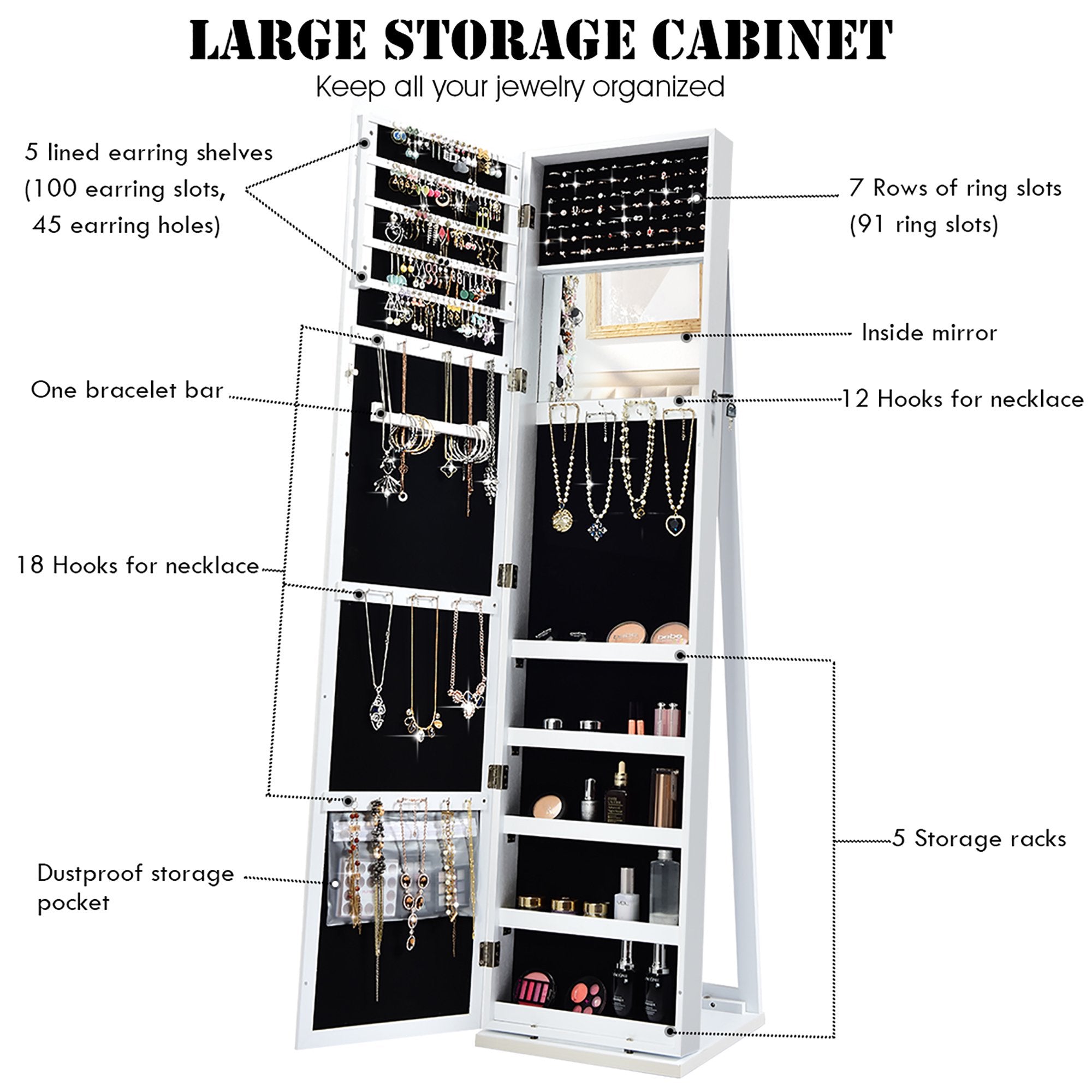 SUGIFTSUGIFT Mirrored Jewelry Cabinet Lockable Standing Storage Organizer White Patio Wicker Rattan Dining Chairs Set of 4 White Blue