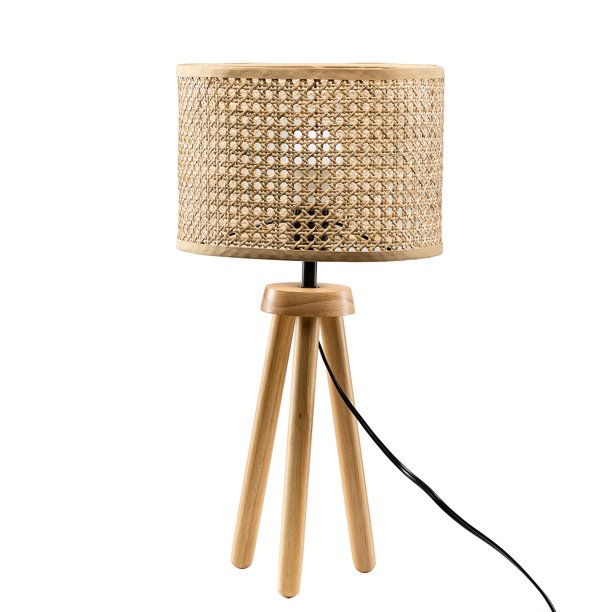 SUGIFT Solid Wood Rattan 21.3inch Table Lamp with In-line Switch Control