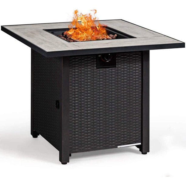 Propane Fire Pit Table, 30 inch 50000 BTU Square Gas Firepits w/ Ceramic Tabletop, Emboss Gas Heater w/ Lava Rock, Waterproof Cover