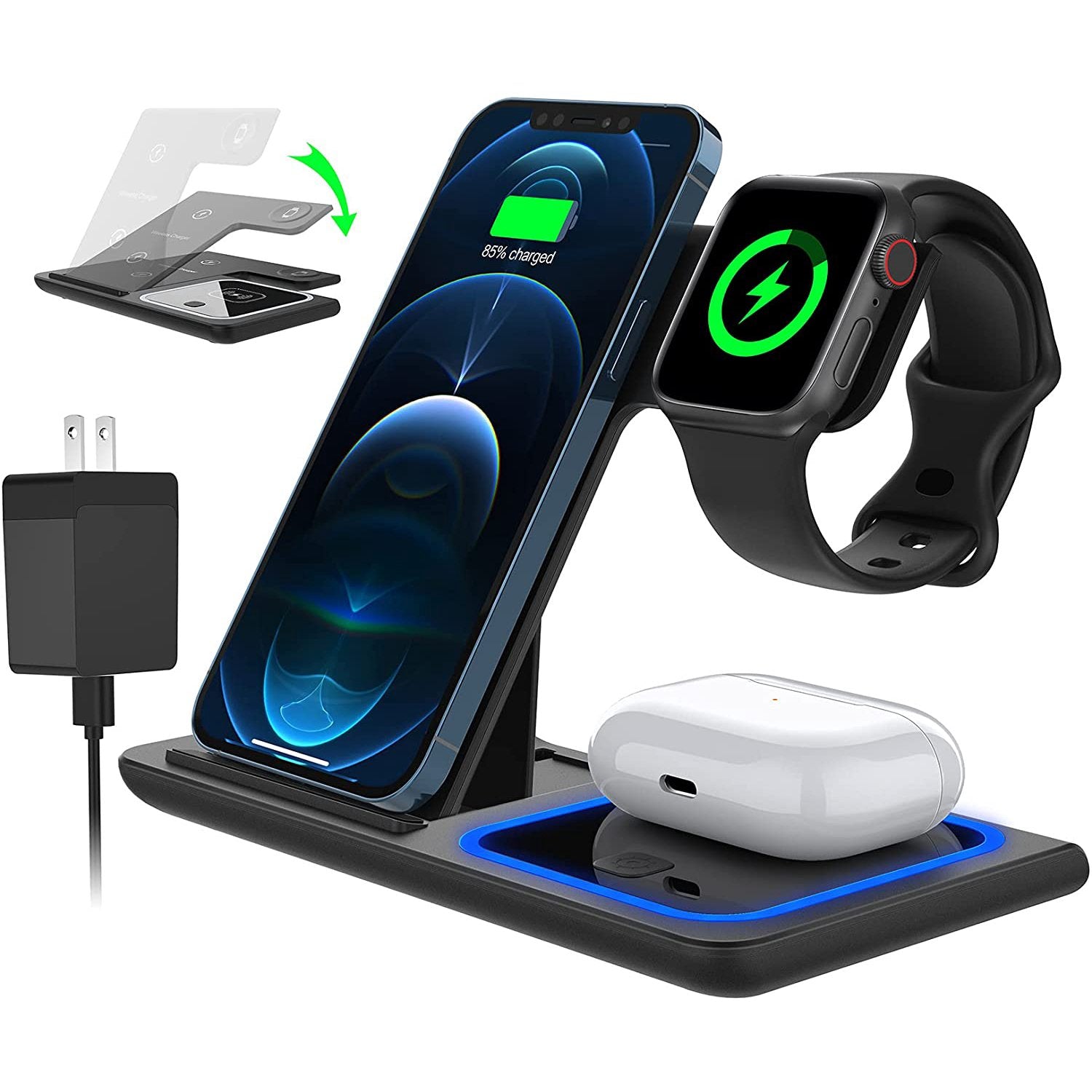 SUGIFT 3 in 1 Wireless Charger, 18W Qi-Certified Fast Charger Pad Stand Charging Station Dock for iWatch Series SE 6/5/4/3 Airpods for iPhone 14/13/12 /11/Pro Max/12 Mini /XR Max 8 Plus