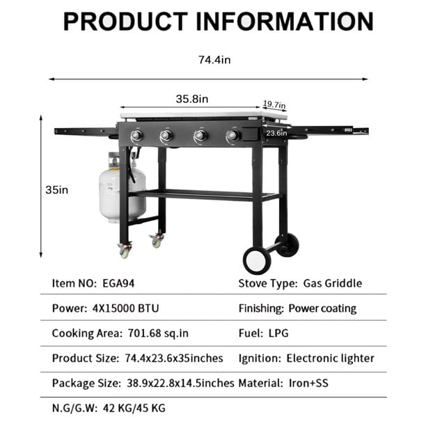 SUGIFT 60000BTU 4 Burner Foldable Outdoor Propane Gas Grill , Black