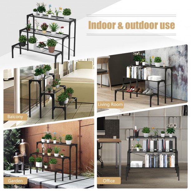 SUGIFT 3 Tier Plant Storage Outdoor Metal Heavy Duty Modern for Multiple Plant Display Stand Rack