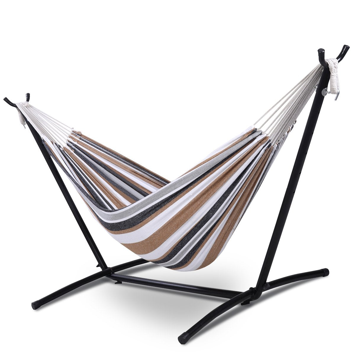 SUGIFT 2-Person Brazilian-Style Cotton Double Hammock Bed with Carrying Bag, Steel Stand, Desert Stripes