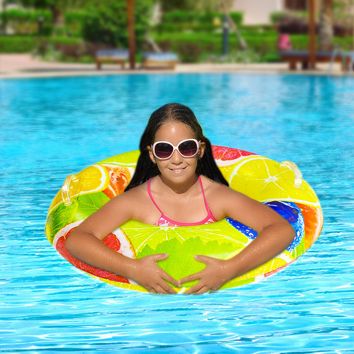 Inflatable Fruit Pool Float with Two Handle Swim Ring for Adult and Child, Floaties with Ball Water Fun Large Blow Up Summer Beach Swimming Raft Adult