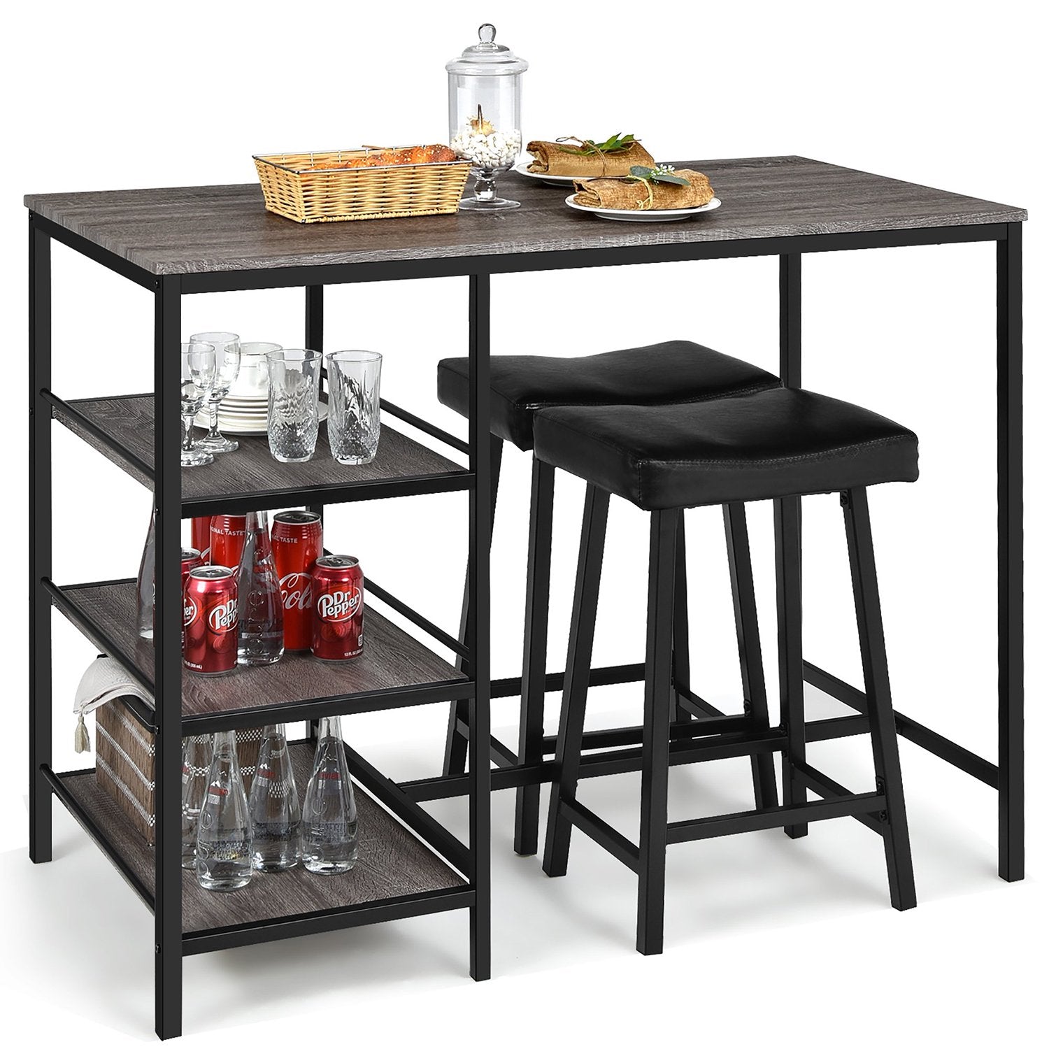 SUGIFT 3 Piece Counter Height Dining Bar Table Set w/2 Stools and 3 Storage Shelves Grey Black