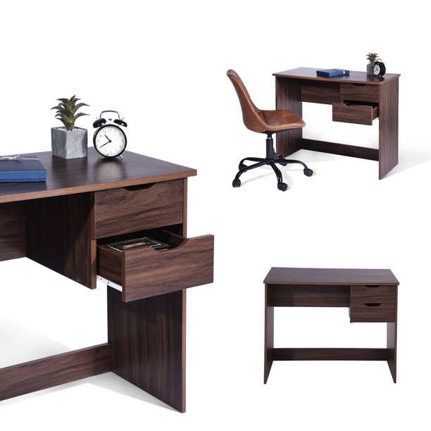 SUGIFT Computer Desk Writing Study Table Office Table With 2 Side Drawers Classic Home Office Laptop Desk Brown Wood Notebook Table