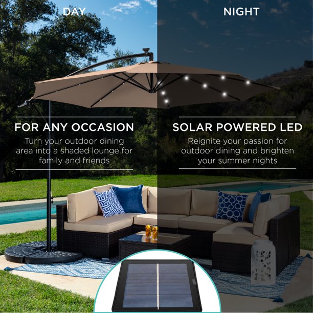 SUGIFT 10ft Solar LED Offset Hanging Outdoor Market Patio Umbrella w/ Easy Tilt Adjustment - Tan