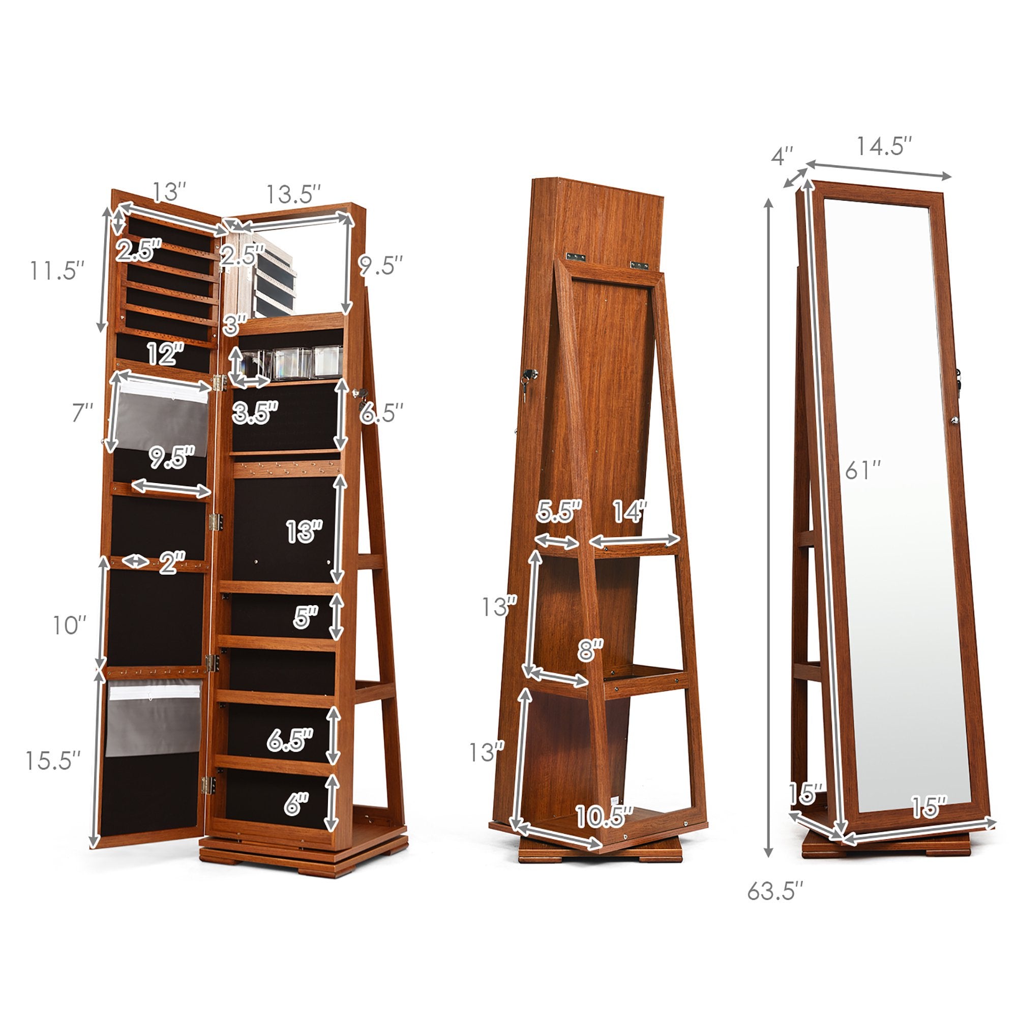 SUGIFT Jewelry Cabinet Wardrobe 360 Degree Rotatable Lockable Mirrored Organizer Brown