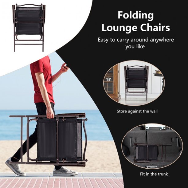 2 Pieces Patio Folding Portable Sling Back Camping Deck Chairs Black