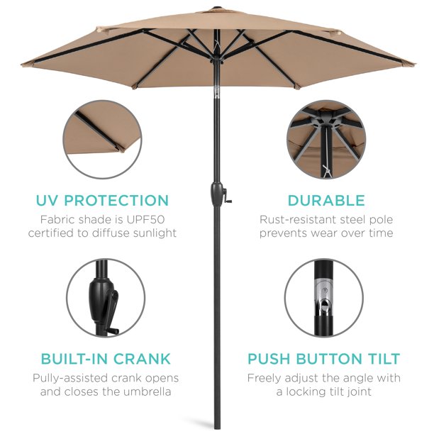 SUGIFT 7.5ft Heavy-Duty Outdoor Market Patio Umbrella w/ Push Button Tilt, Easy Crank Lift, Tan