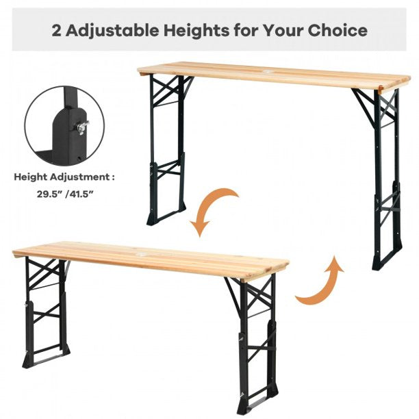66.5 Inch Folding Table Wood Portable Foldable Picnic Desk With Adjustable Heights and Umbrella Hole