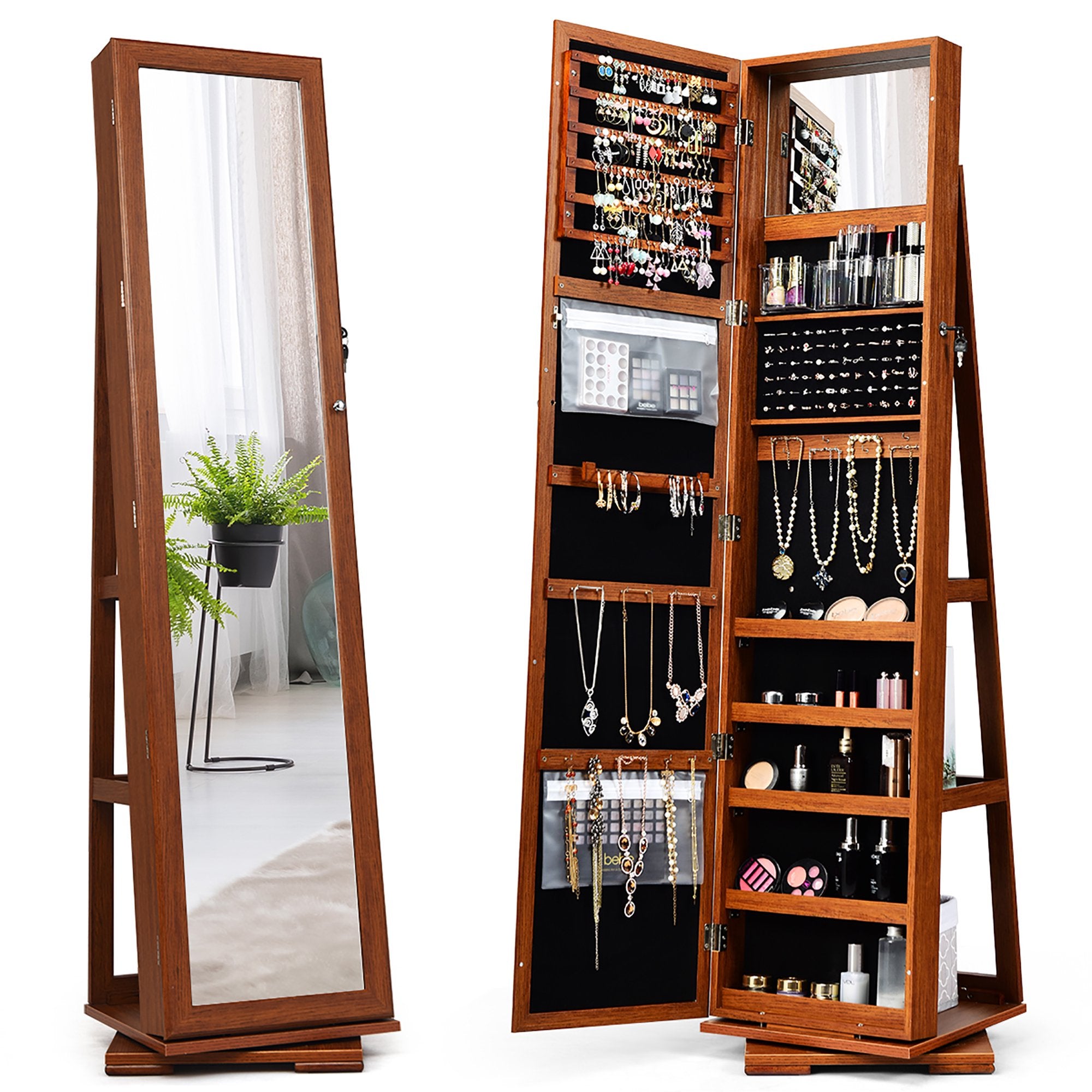 SUGIFT Jewelry Cabinet Wardrobe 360 Degree Rotatable Lockable Mirrored Organizer Brown