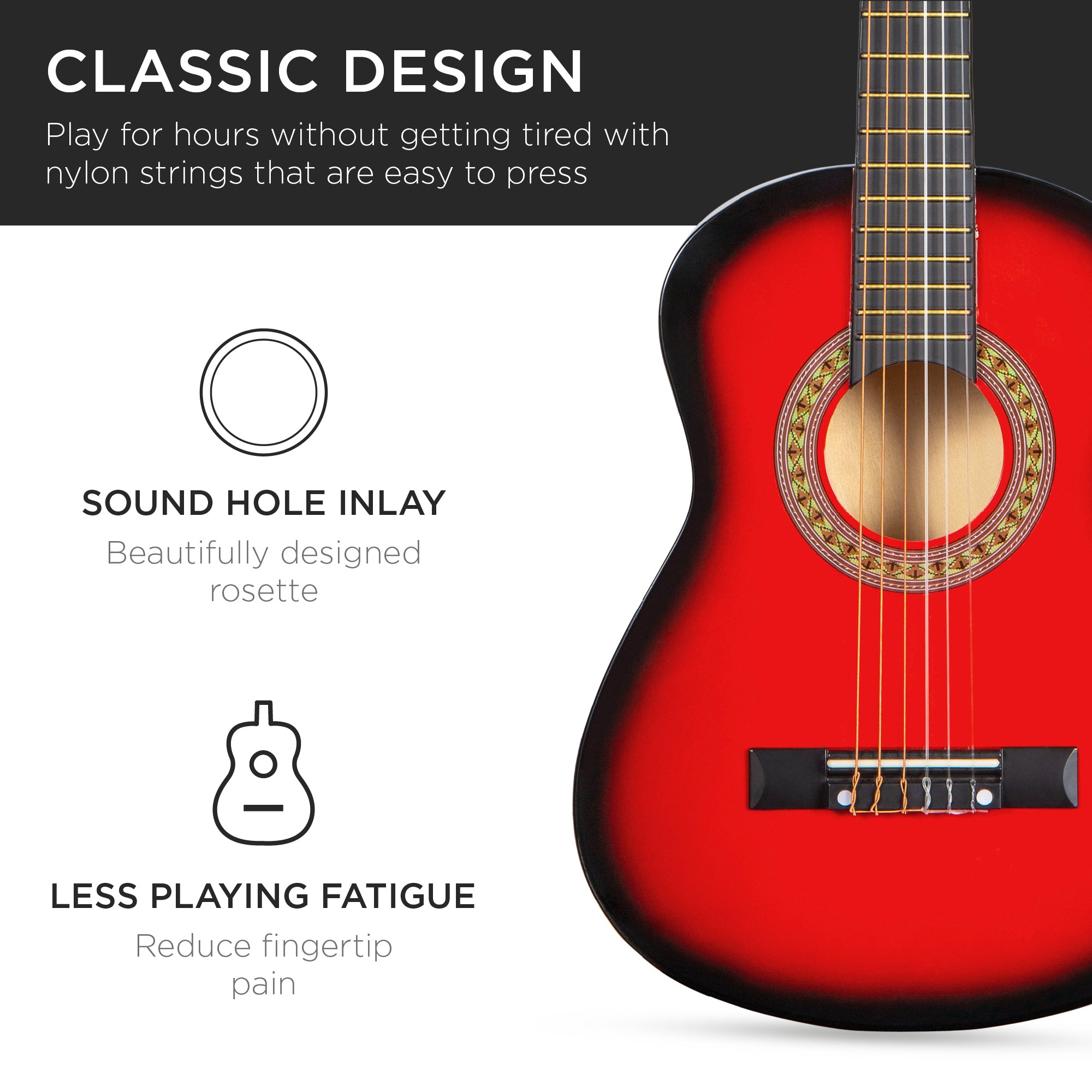 SUGIFT 30in Kids Acoustic Guitar Beginner Starter Kit with Tuner, Strap, Case, Strings - Redburst