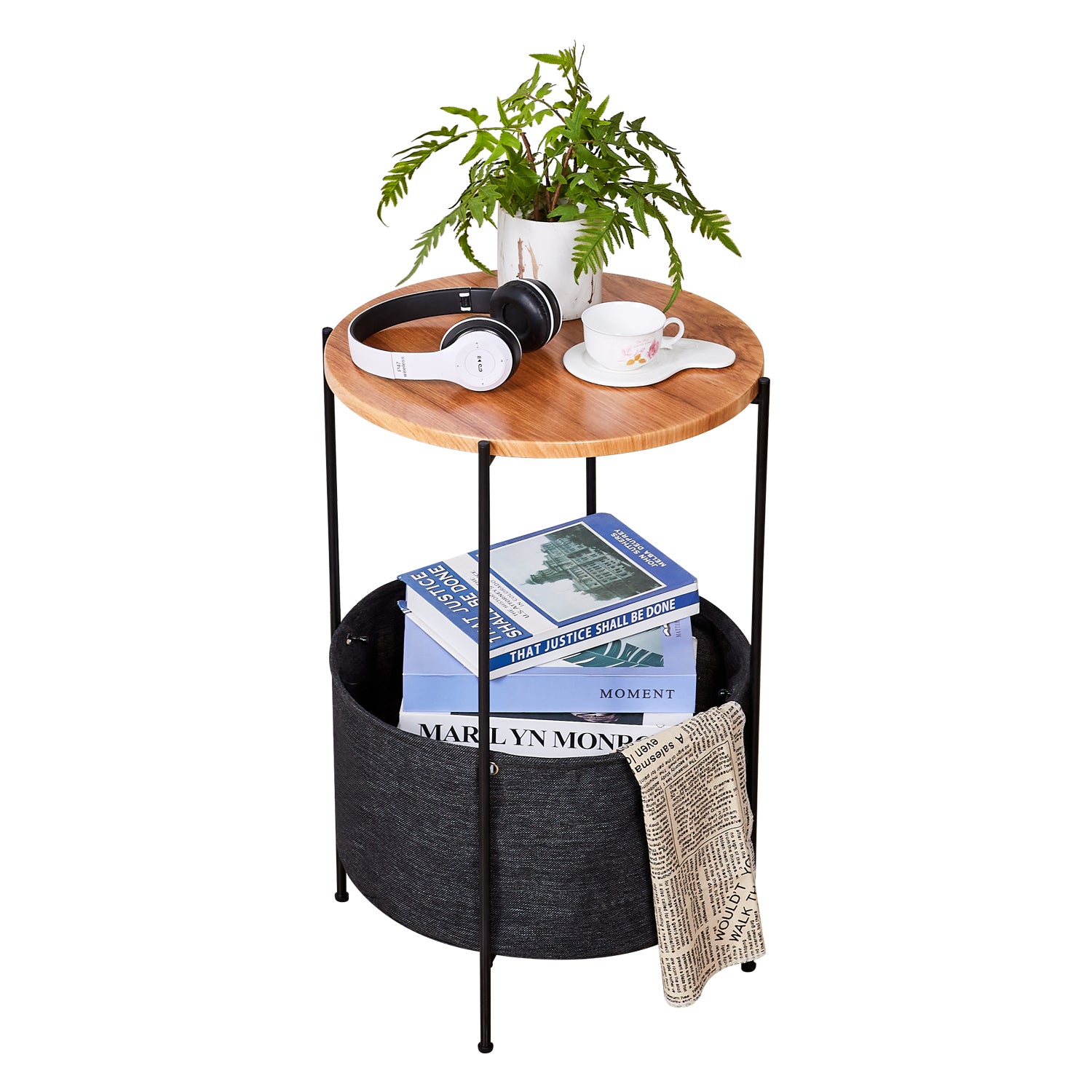SUGIFT Round Side Table with Storage Basket, Steel Side Table