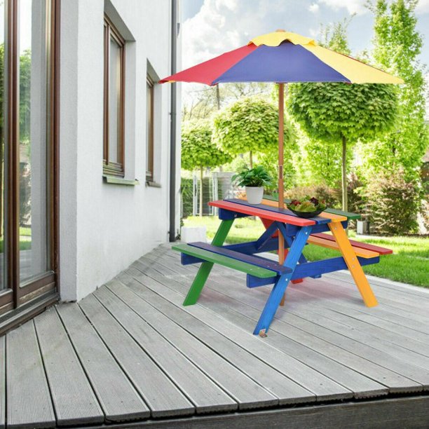 Kids Picnic Table with Umbrella 4 Seat Table Chair Set