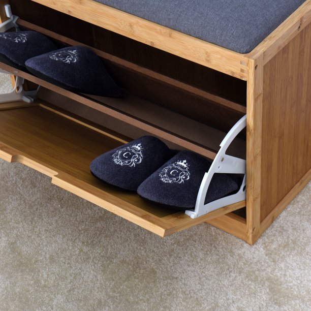 SUGIFT Entryway Bamboo Bench Living Room Storage Shoe Rack with Foldable Shelf 24.8 x 11.6 x 18.9 inch