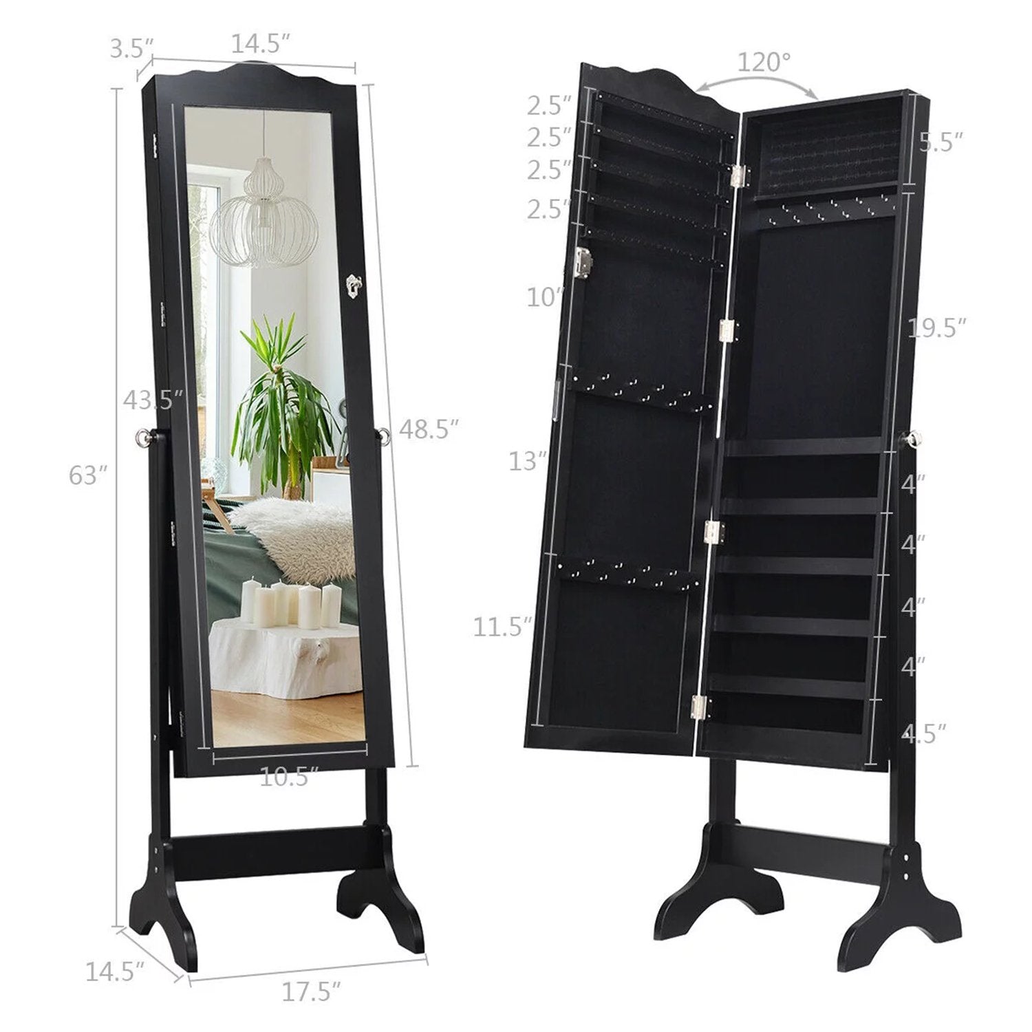 SUGIFT Mirrored Jewelry Cabinet Mirror Organizer Storage Box Stand Black