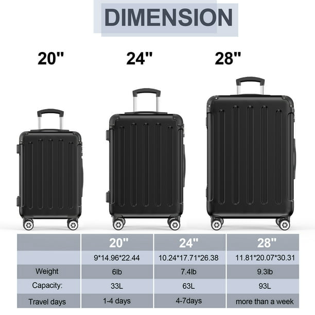 SUGIFT 3 Piece Luggage Sets Hardshell Lightweight Suitcase with TSA Lock Spinner Wheels, Black