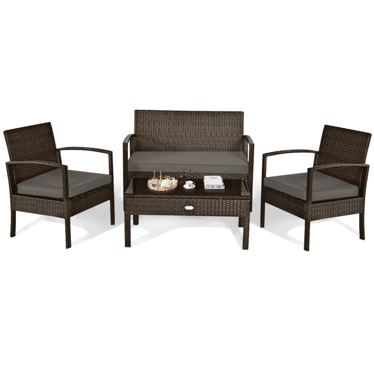 4-Pieces Rattan Wicker Patio Conversation Set with Gray Cushions