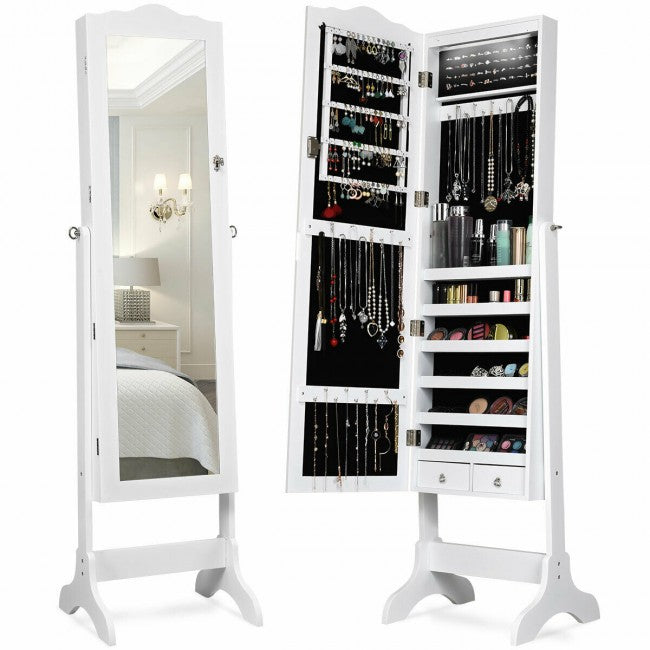 SUGIFT Mirrored Jewelry Cabinet Storage with Drawer and Led Lights,White