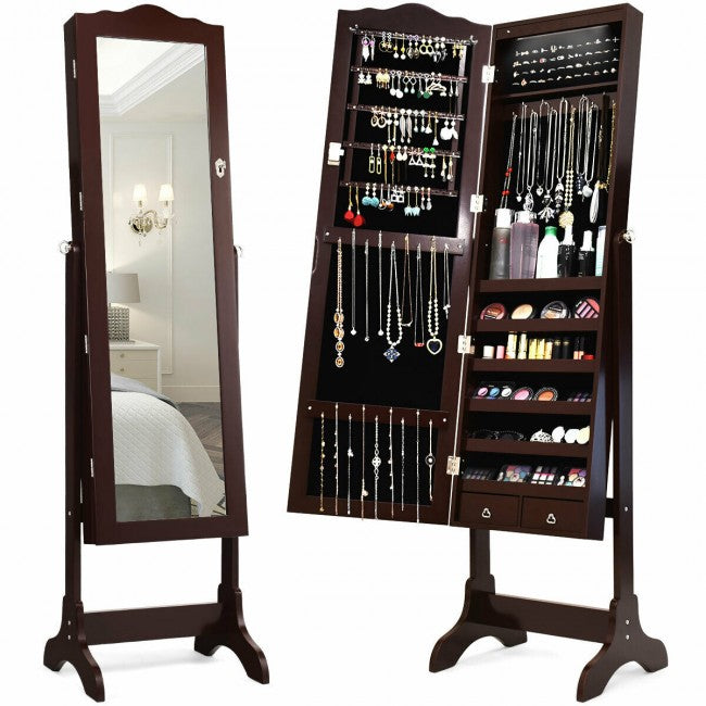 SUGIFT Mirrored Jewelry Cabinet Storage with Drawer and Led Lights,Coffee