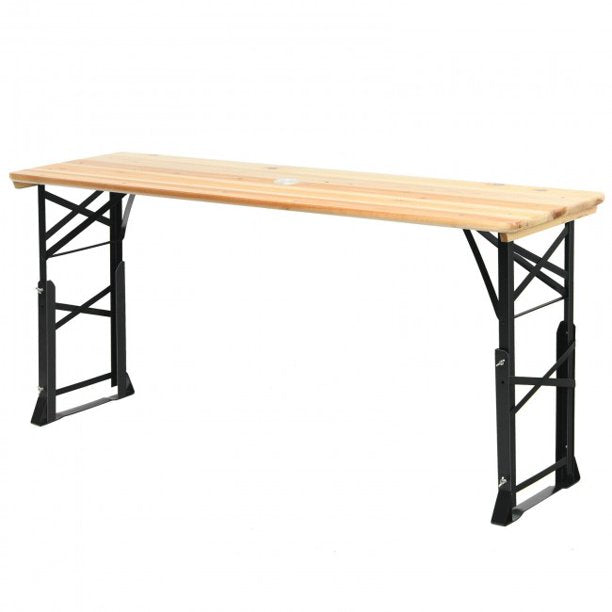 66.5 Inch Folding Table Wood Portable Foldable Picnic Desk With Adjustable Heights and Umbrella Hole