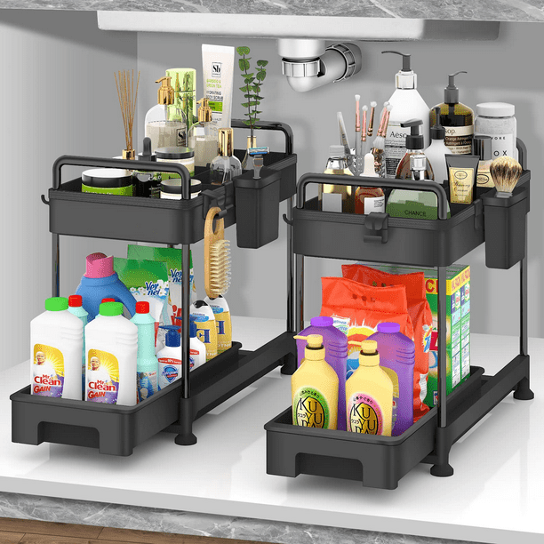 SUGIFT Under Sink Organizer, 2 Pack Bathroom Cabinet Organizer, 2 Tier Sliding Cabinet Basket Organizer Drawer, Multi-Purpose Bath Collection Baskets for Bathroom