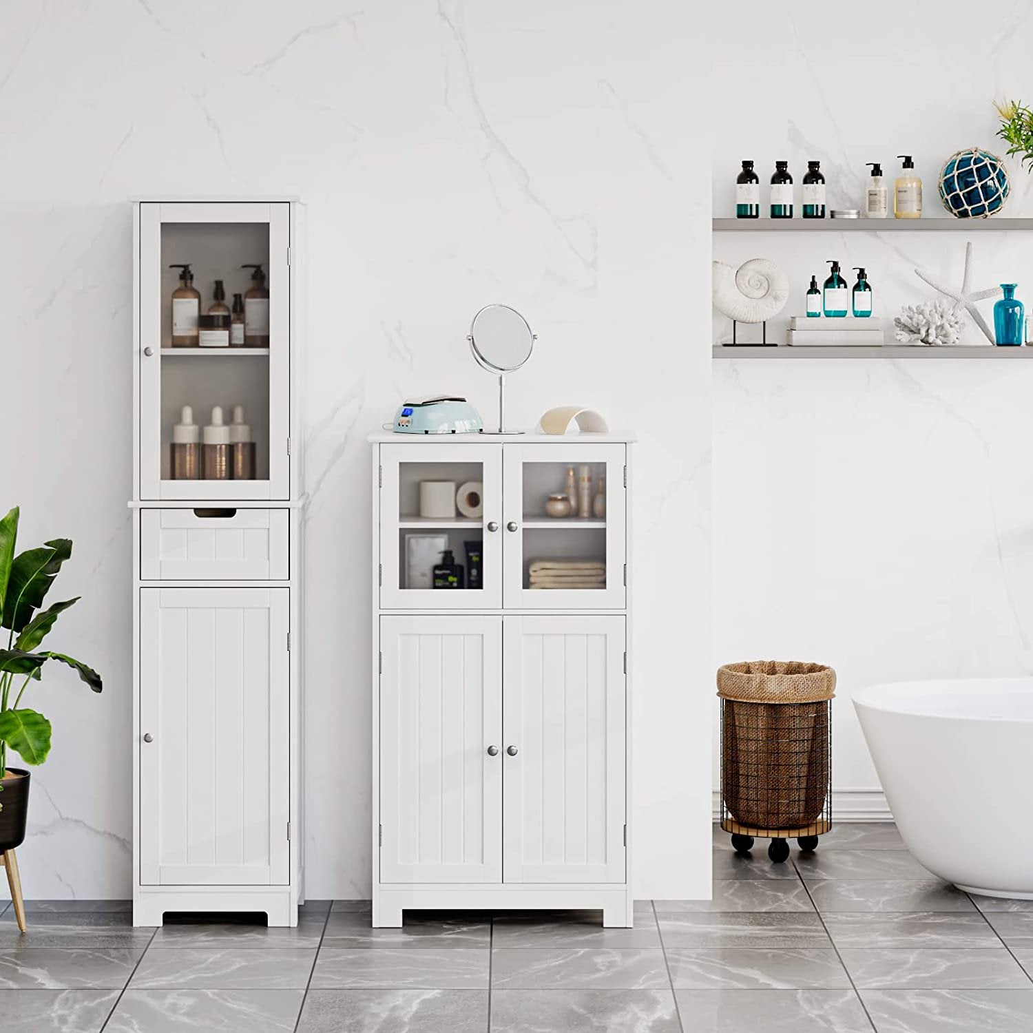 SUGIFT Bathroom Floor Cabinet, Freestanding Storage Cabinet w/Glass Doors