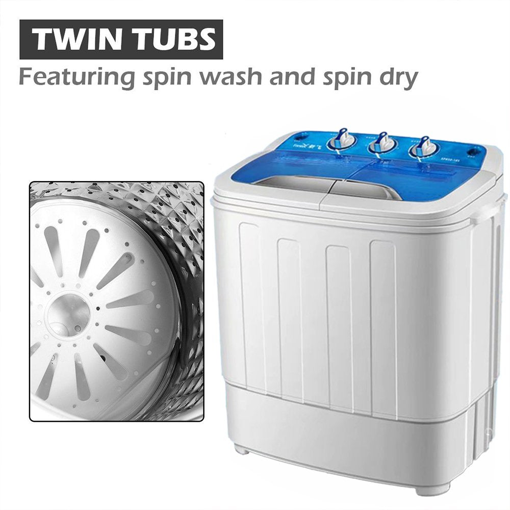 SUGIFT Washing Machine Electric Portable 2 in 1 Twin Tub Mini Laundry Washer and Spin Dryer Combo Washing Machine with Drain Hose for Apartments 13lbs Blue & White