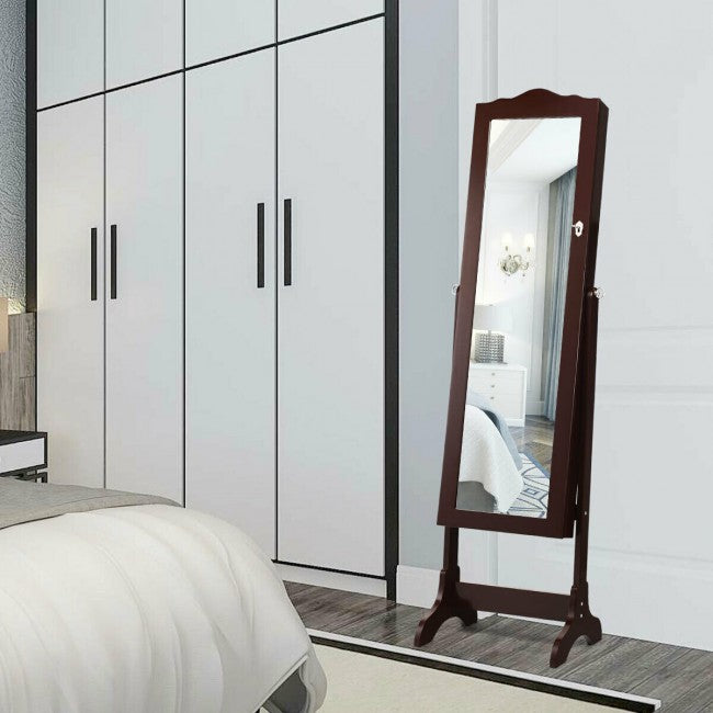 SUGIFT Mirrored Jewelry Cabinet Storage with Drawer and Led Lights,Coffee