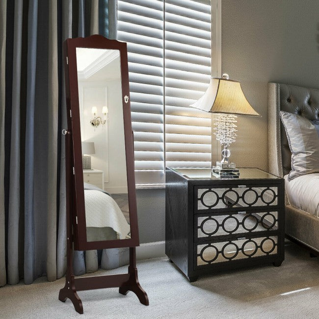 SUGIFT Mirrored Jewelry Cabinet Storage with Drawer and Led Lights,Coffee