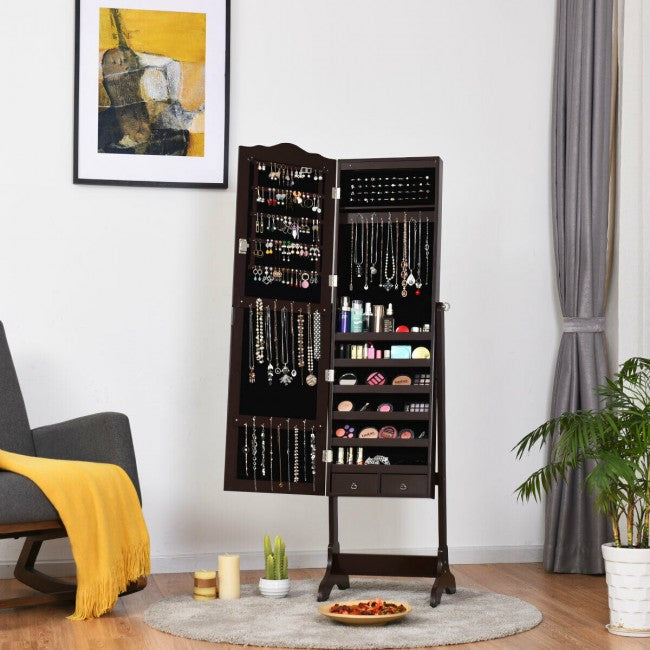 SUGIFT Mirrored Jewelry Cabinet Storage with Drawer and Led Lights,Coffee